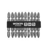 Front view of the WOKIN 10pcs Double End Screwdriver Bit Set organized in a black rubber holder, showing PH2 and S2 steel markings.