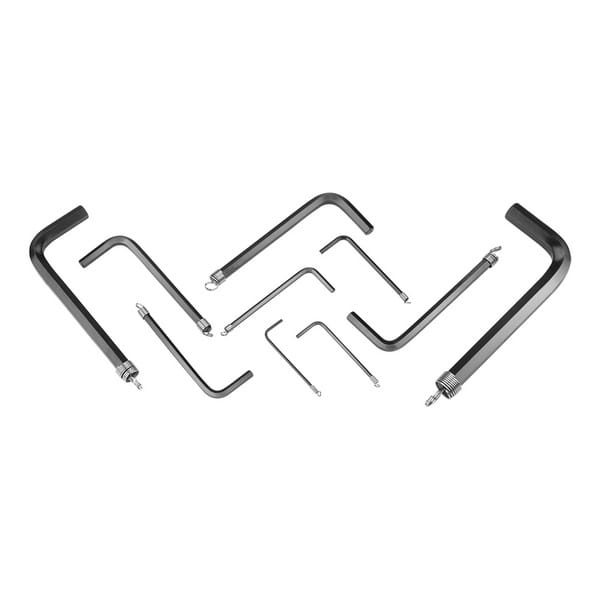 All ten individual black metal Allen wrenches from the WOKIN Hex Key Set scattered to show various sizes.