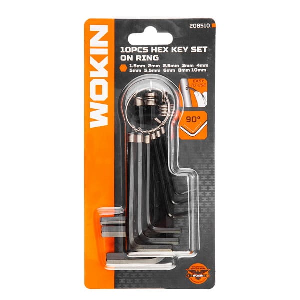 Retail blister packaging of the WOKIN 10pcs Hex Key Set on Ring, displaying metric sizes from 1.5mm to 10mm.