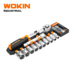WOKIN Industrial 12PCS 1/2 inch drive ratchet handle with sockets set on a plastic storage rack featuring 72T quick release ratchet wrench and 125mm extension bar