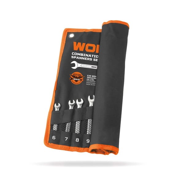 WOKIN 12pcs combination spanner set organized in a durable black and orange canvas storage pouch with visible size