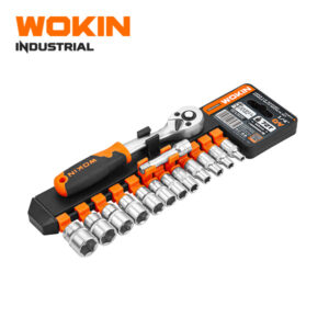 Wokin Industrial 14PCS 1/4 inch drive ratchet handle with sockets set on a plastic storage rack including 72T quick release ratchet and extension bar
