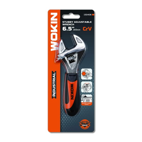 Retail packaging for WOKIN Industrial 6.5 inch (165mm) stubby adjustable wrench showing CrV steel specs.