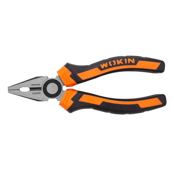 Top view of WOKIN 160mm combination pliers displaying the WOKIN logo on the handle and polished metal head.