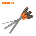 Wokin 3PCS steel files set including flat file, half-round file, and round file with ergonomic orange and black soft grip handles