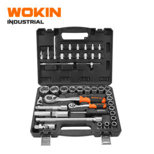Wokin Industrial 45PCS 1/4 and 1/2 inch drive socket set featuring dual ratchet handles, metric sockets, and extension bars in a black carrying case