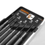 Close-up detail of the WOKIN precision screwdrivers showing knurled handles and size markings in the case.