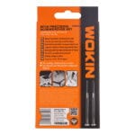 Back view of the WOKIN 6pcs Precision Screwdriver Set packaging, showing multi-language details and usage applications.