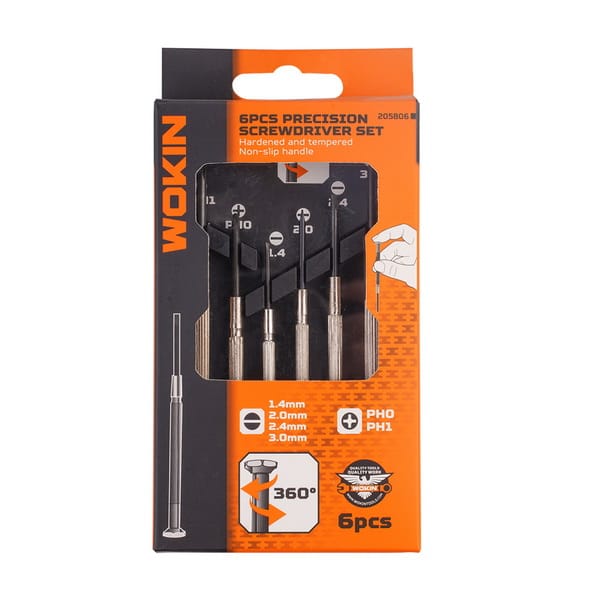 Front view of the retail packaging for the WOKIN 6pcs Precision Screwdriver Set.