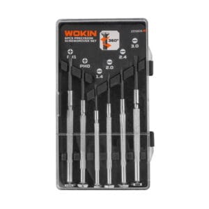 WOKIN 6pcs Precision Screwdriver Set neatly arranged inside its clear protective plastic storage case.