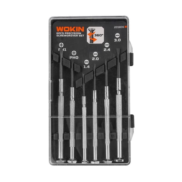 WOKIN 6pcs Precision Screwdriver Set neatly arranged inside its clear protective plastic storage case.