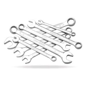 Full set of WOKIN combination spanners scattered to display both the open ends and 12-point ring ends in various sizes.