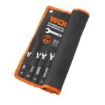 WOKIN 8pcs combination spanner set organized in an open black and orange canvas storage pouch with size markings visible.