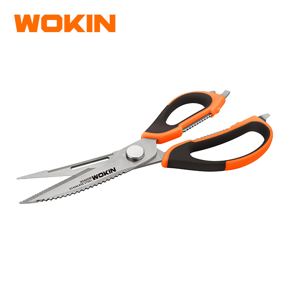 WOKIN 9-inch multi-purpose kitchen scissors with stainless steel serrated blades and orange handle