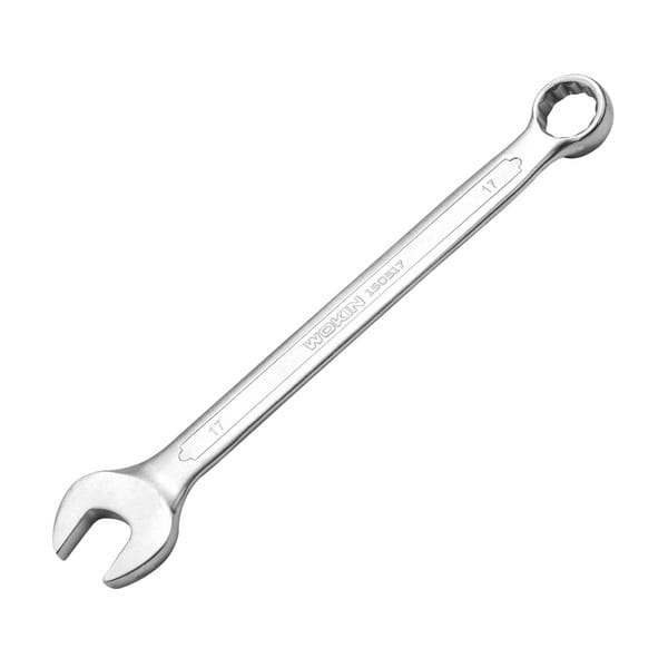 Full profile view of a single WOKIN combination spanner (size 17mm) showing the chrome finish and stamped brand logo.