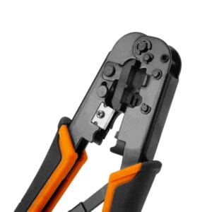 Angled view of the WOKIN crimping tool highlighting the built-in sharp blades for cutting and stripping network cables