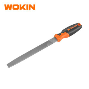 Wokin flat steel file hand tool with ergonomic orange and black soft grip handle for metalworking