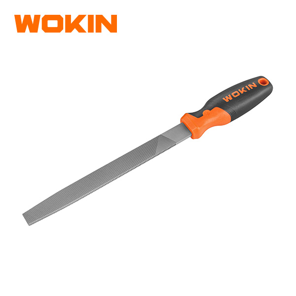 Wokin flat steel file hand tool with ergonomic orange and black soft grip handle for metalworking