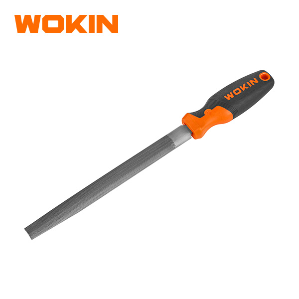 Wokin half round steel file with ergonomic orange and black soft grip handle for filing flat and curved metal surfaces