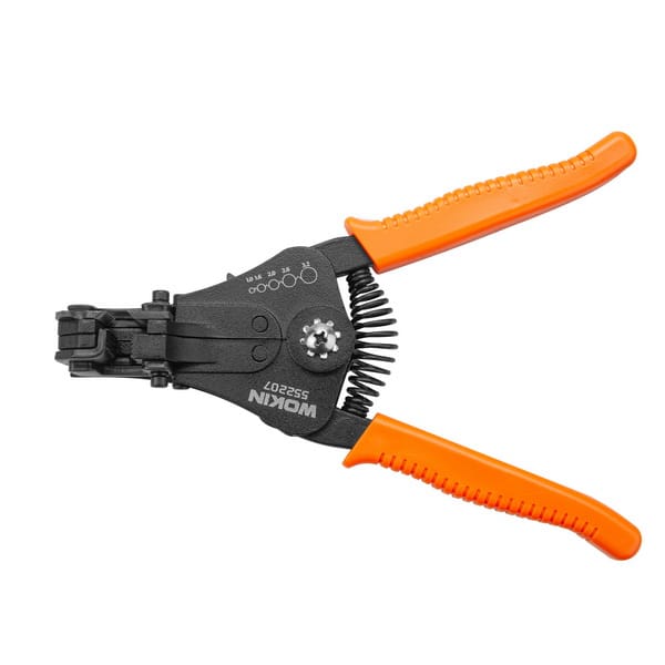 Full view of WOKIN automatic wire stripper pliers with ergonomic orange handles and internal spring mechanism