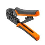 Rear perspective of WOKIN heavy-duty crimping tool showing the safety ratchet release lever for controlled operation