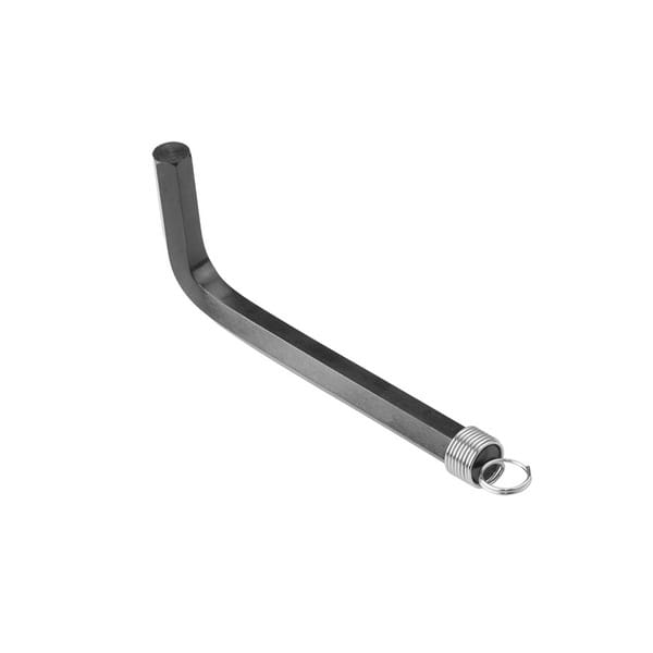 Angled close-up of a WOKIN Allen wrench highlighting the hexagonal tip and the sturdy black metal construction.