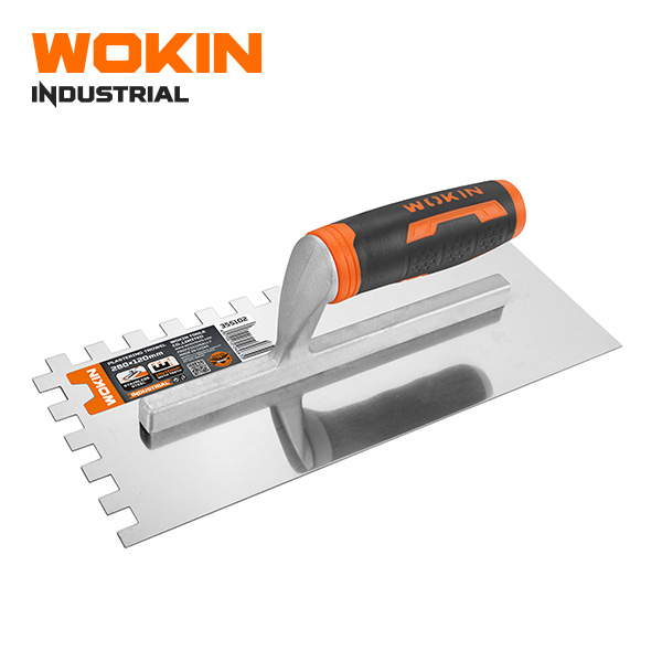 Wokin Industrial stainless steel notched plastering trowel with plastic soft grip handle for tile installation and adhesive spreading