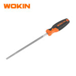 Wokin round steel file with ergonomic orange and black soft grip handle for deburring holes and concave metal surfaces