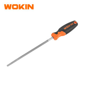 Wokin round steel file with ergonomic orange and black soft grip handle for deburring holes and concave metal surfaces