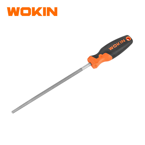 Wokin round steel file with ergonomic orange and black soft grip handle for deburring holes and concave metal surfaces