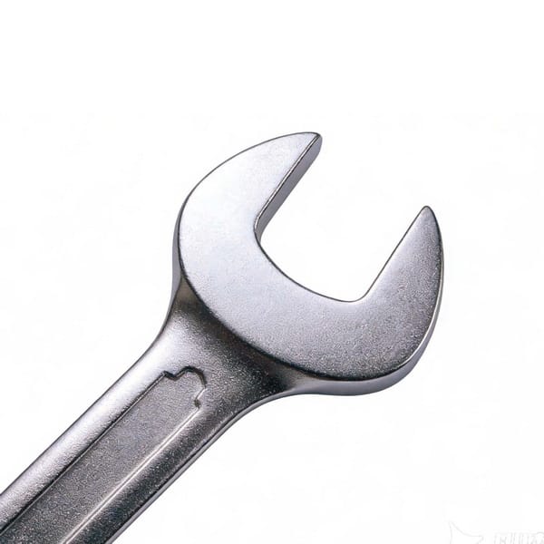 Close-up detail of the precision-machined open end jaw of a WOKIN combination spanner, designed for gripping nuts and bolts.