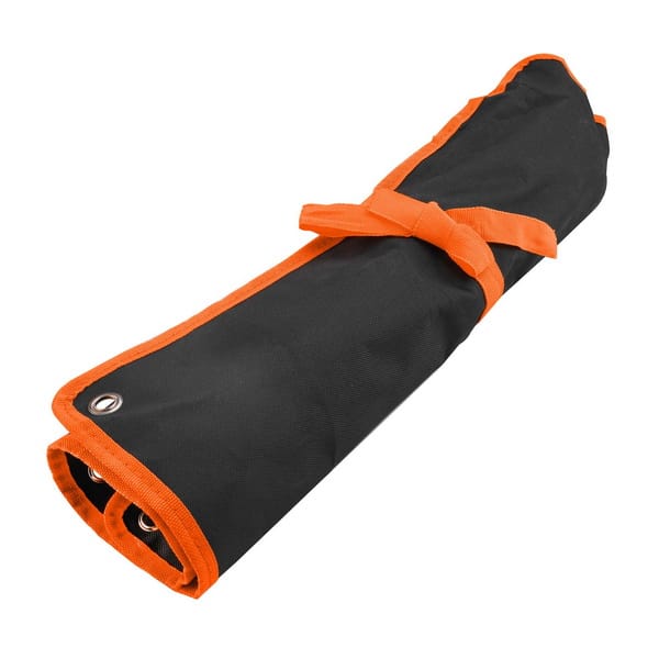 WOKIN combination spanner set rolled up in a portable black canvas pouch tied with an orange strap for easy transport.