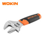 Wokin short stubby adjustable wrench with ergonomic orange and black soft grip handle and metric scale