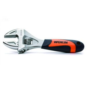 WOKIN stubby adjustable wrench with ergonomic bi-material handle and chrome finish side view.