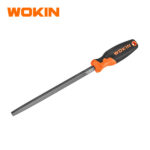 Wokin triangular steel file three-square hand tool with ergonomic orange and black soft grip handle for filing angles and saw teeth