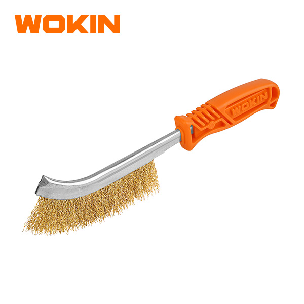 Wokin universal wire scratch brush with brass coated bristles and orange plastic handle for rust, paint, and slag removal