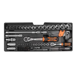 The first layer of the Wokin 98pcs tool chest set, including sockets, ratchets, and bits