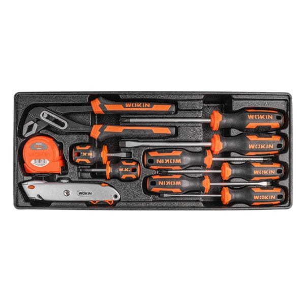 The second layer of the Wokin 98pcs tool chest set, including screwdrivers, measuring tape, wrench, and utility knife