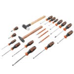 Collection of screwdrivers, hammers, punches, and chisels from the Wokin 163pcs roller cabinet tools set