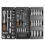 Drawer 1 from Wokin 163pcs roller cabinet tools set showing sockets, ratchets, and extensions