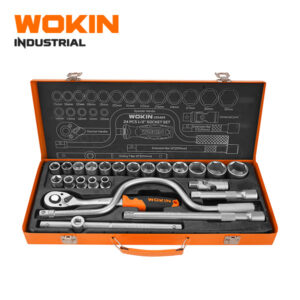 Wokin Industrial 24PCS 1/2 inch drive socket set in an orange metal case with speeder handle, ratchet wrench, and metric sockets