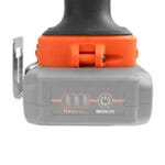 Close-up of Wokin 20V Li-ion Brushless Cordless Impact Wrench base showing battery level indicator and belt clip