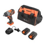 Wokin 20V Li-ion Brushless Cordless Impact Wrench with charger, two batteries, and tool bag
