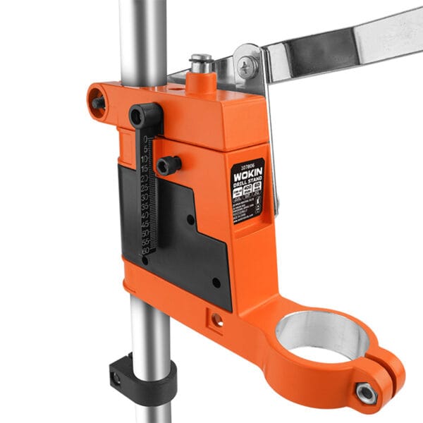 Wokin Drill Stand head unit featuring branded label, metric depth scale, and drill mounting clamp