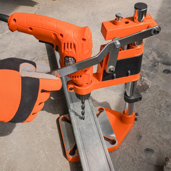 Wokin Drill Stand setup with a Wokin drill, demonstrating its capability on metalwork