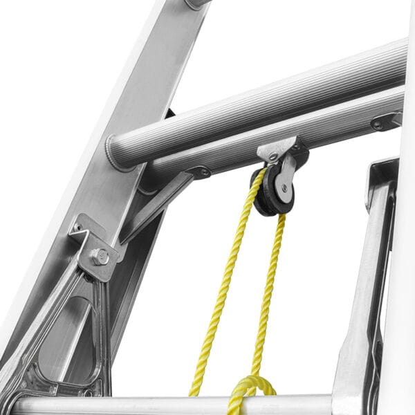 Close-up of the pulley and rope extension mechanism on a Wokin extension ladder