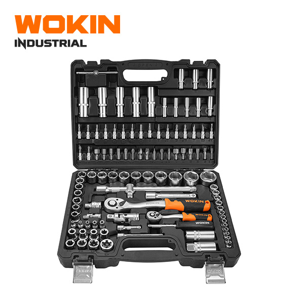 Wokin Industrial 108PCS 1/4 and 1/2 inch drive socket set auto repair tool kit with dual ratchets, Torx E-sockets, deep sockets, and bits in a black case