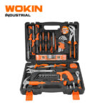 Wokin Industrial 61PCS household tool set general home repair kit with hammer, pliers, mini hacksaw, screwdrivers, and socket wrench in a black case