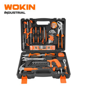 Wokin Industrial 61PCS household tool set general home repair kit with hammer, pliers, mini hacksaw, screwdrivers, and socket wrench in a black case