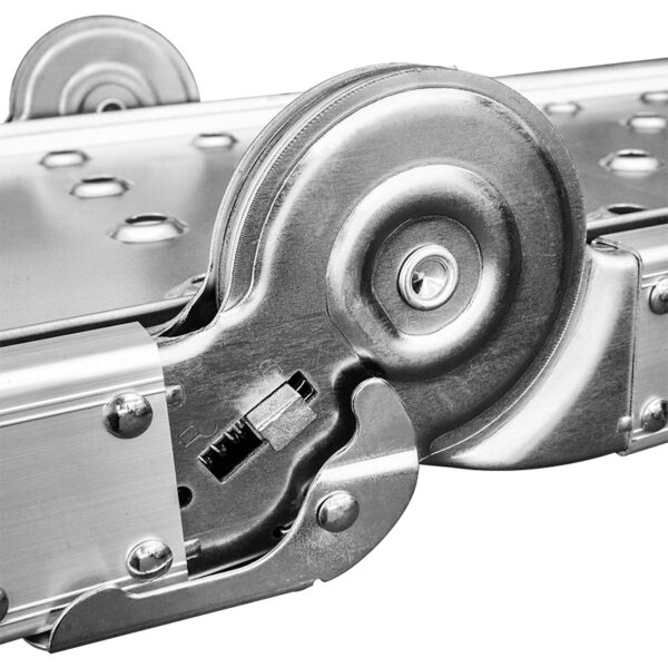 Close-up of the hinge and locking mechanism on a Wokin multi-purpose aluminum ladder